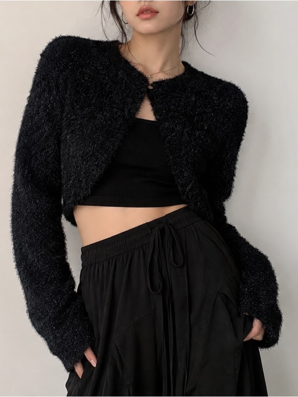 Vivid of Seoul Fuzzy Cropped Bolero Shrug Sweater One Size Black Y2K